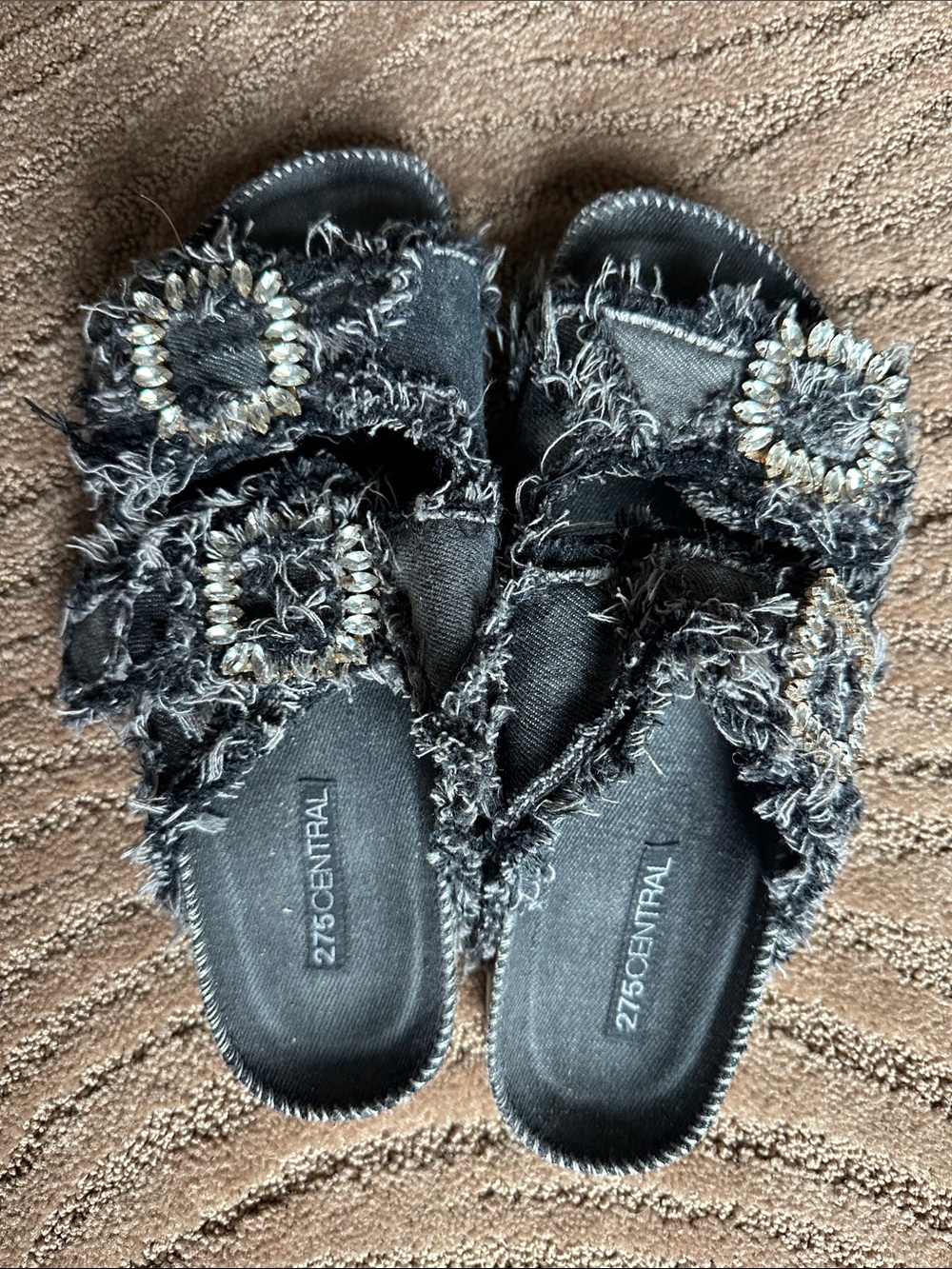 275 Central Black Jeweled Frayed Slide Sandals Size 9